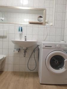 a bathroom with a washing machine and a sink at Zur Elster 2 in Plauen