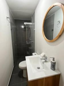 a bathroom with a sink and a toilet and a mirror at Traditional Roomy House in Medellín