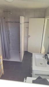 ein Bad mit einer Dusche und einem Waschbecken in der Unterkunft Ferienwohnung Albliebe in Meßstetten