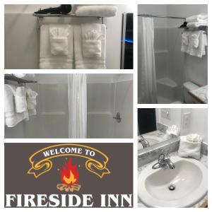 un collage de fotos de un baño con lavabo y una posada con chimenea en Fireside Inn en Long Beach