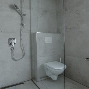 łazienka z prysznicem, toaletą i szklanymi drzwiami w obiekcie The Place Boutique & Design Hotel Flachau w mieście Flachau +37 zdjęć