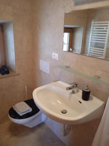 bagno con lavandino, servizi igienici e specchio di Apartement Noggler a Malles Venosta