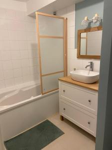 uma casa de banho com um lavatório, um espelho e uma banheira em Appartement centre ville Caen Vaugueux em Caen