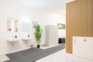 a bathroom with two sinks and a potted plant at Robin Wood Apartment in Vienna