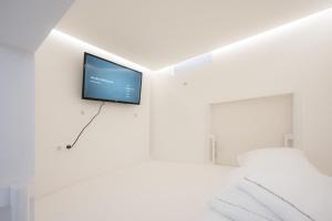 a room with a flat screen tv on a white wall at Robin Wood Capsule Hostel in Vienna