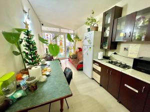 a kitchen with a christmas tree on a table at Hello Fox GuestHouse in Tbilisi City