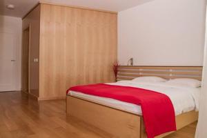 a bedroom with a large bed with a red blanket at Pensiunea Cuib in Cisnădioara