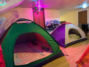 Une tente est installée dans une chambre. dans l'établissement Hello Fox GuestHouse, à Tbilissi