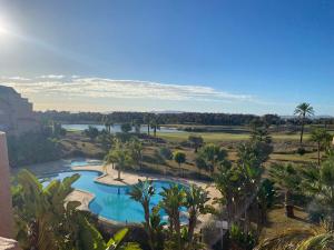 a view of a pool with palm trees and a river at Casa Paradise, Apartment in Torre-Pacheco