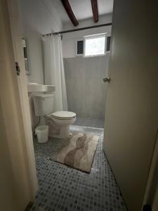 La salle de bains est pourvue de toilettes et d'un tapis. dans l'établissement Cuarto chingui, à Holbox