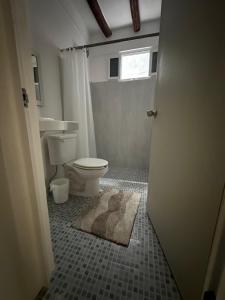 a bathroom with a toilet and a rug on the floor at Cuarto chingui in Holbox Island