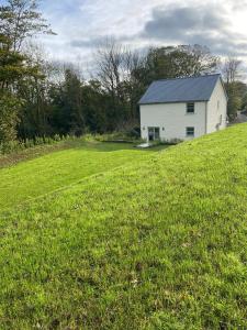 a white house on the side of a grass field at Kilbarth Cottage in Haverfordwest