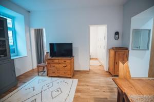 uma sala de estar com televisão e uma cómoda de madeira em Apartment nähe Stadthalle em Viena
