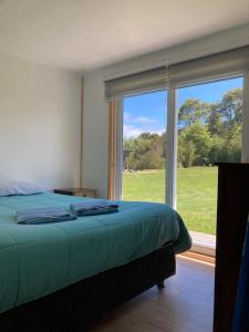 1 dormitorio con cama y ventana grande en Cabañas Don Diego_cabaña 1, en Puerto Montt