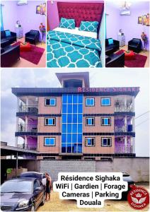 a collage of two pictures of a building with a bedroom at Residence Sighaka - Studio Meublé VIP avec WiFi, Gardien, Parking in Douala