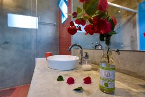 a vase with red flowers on a counter with a sink at Fazenda Poço das Pedras in São João do Cariri