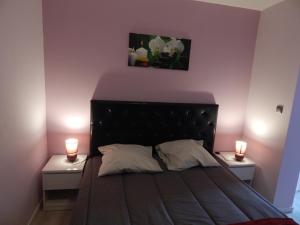 a bedroom with a bed with two lights on two tables at Le jardin d'eden in Lourdes