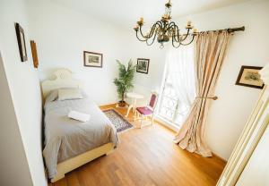 俄斯特拉發的住宿－Château Rychvald，一间卧室配有一张床和一个吊灯
