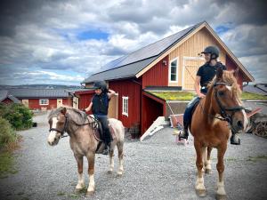 zwei Menschen reiten auf Pferden vor einer roten Scheune in der Unterkunft Scenic small guesthouse on horse farm by the lake in Frösö
