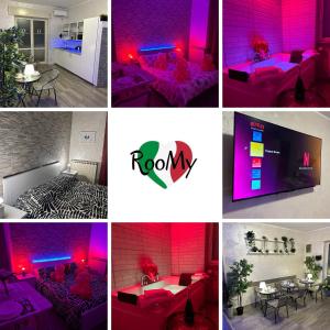 un collage de fotos de una habitación con iluminación rosa en RooMYitalia - Guest House Il Faraone, en Fiumicino