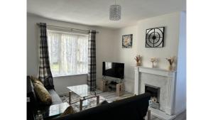 uma sala de estar com lareira e televisão em Comfy & Affordable home - Sleeps 7, free off-street parking near City centre, Cadbury World & Cannon Hill Park em Kings Norton