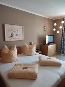 um quarto de hotel com duas almofadas numa cama em Ferienwohnanlage Sonnenwald em Langfurth 