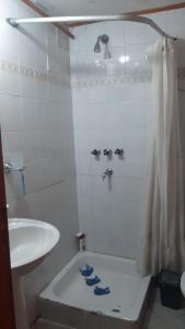 a white bathroom with a shower and a sink at Cabaña Brisas del Lago in Tolhuin