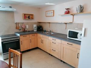 a kitchen with a sink and a microwave at Gite du Jardin Roy in Haution