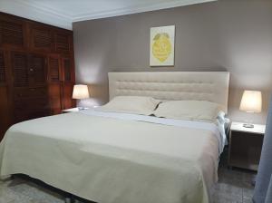 1 dormitorio con 1 cama blanca grande y 2 lámparas en Conforta Rentals & Spa, en Popayán