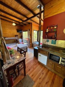 a kitchen and living room in a log cabin at Chalés incríveis com banheira de hidromassagem e vista encantadora in Urubici