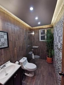 a bathroom with a toilet and a sink at Hotel Casa Posos in Guanajuato