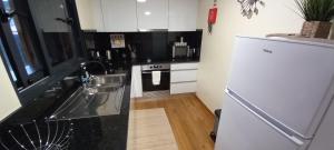 eine Küche mit Spüle und Kühlschrank in der Unterkunft Refúgio do Limoeiro in São Vicente