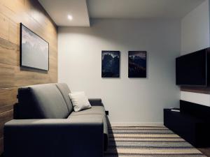 sala de estar con sofá y TV de pantalla plana en Dolomiti Haus - Immerso nelle Dolomiti en Tesero