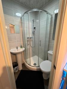 a bathroom with a shower and a toilet and a sink at Deluxe Ensuite studio in west midlands in Coventry
