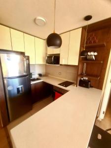 eine Küche mit einem Kühlschrank und einer Arbeitsplatte in der Unterkunft Apartamento cerca Mall Alto las Condes in Santiago
