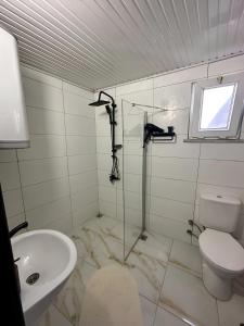 ein Bad mit einer Dusche, einem WC und einem Waschbecken in der Unterkunft Meydan Suite Apartments in Trabzon