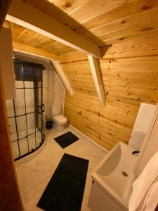 a bathroom with wooden walls and a toilet and a sink at LEROZ BUNGALOV in Cayeli