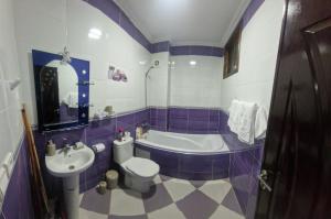 - fioletowo-białą łazienkę z toaletą i umywalką w obiekcie résidence appart family mimouna w mieście Tanger