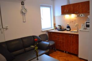 Una sala de estar con un sofá y una cocina. en Victoria Studio, en Bucarest
