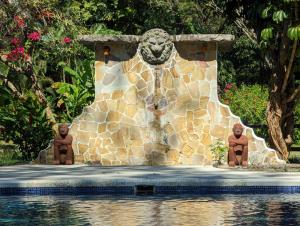 a fountain in the middle of a swimming pool at Paraiso Cocodrilo lodge - spirit of nature in Sámara