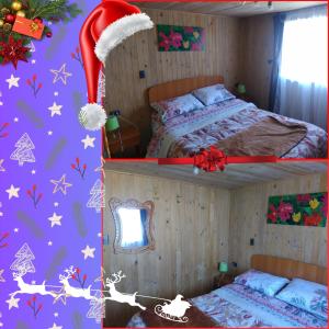 1 dormitorio con 2 camas y pared de Navidad en Cabaña Villa los Delfines, en Iloca