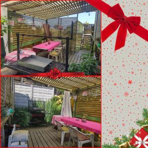 un collage de dos fotos de un patio con mesas rosas en Cabaña Villa los Delfines, en Iloca
