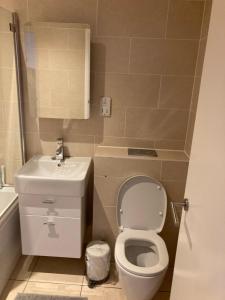 Baño pequeño con aseo y lavamanos en Two double bedroom flat in Soho, en Londres