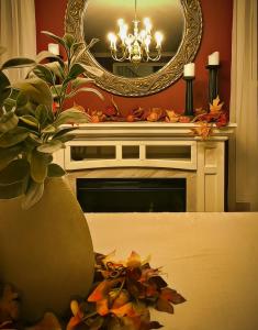 a fireplace with a mirror and a vase with a plant at North Oaks Estate in Blaine