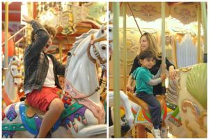two pictures of a woman and a child riding a carousel at Suìte Madagascar in Penha