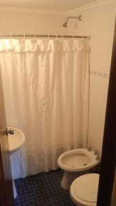 a bathroom with a white shower curtain and a toilet at 3Reyes in Necochea