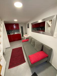 a living room with a gray couch and red pillows at Charm of Lisbon II in Lisbon