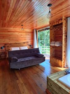 uma sala de estar com um sofá numa cabana de madeira em Recanto do Ipê cabana 01 em Urubici