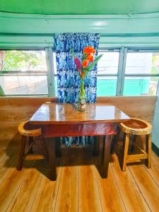 Hospedaje Combi dream bird في غواناكاستي: طاولة خشبية مع مزهرية عليها زهور