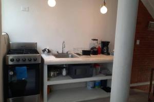 uma cozinha com um balcão com um lavatório e um fogão em Loft guelaguetza A em Santa Cruz Huatulco